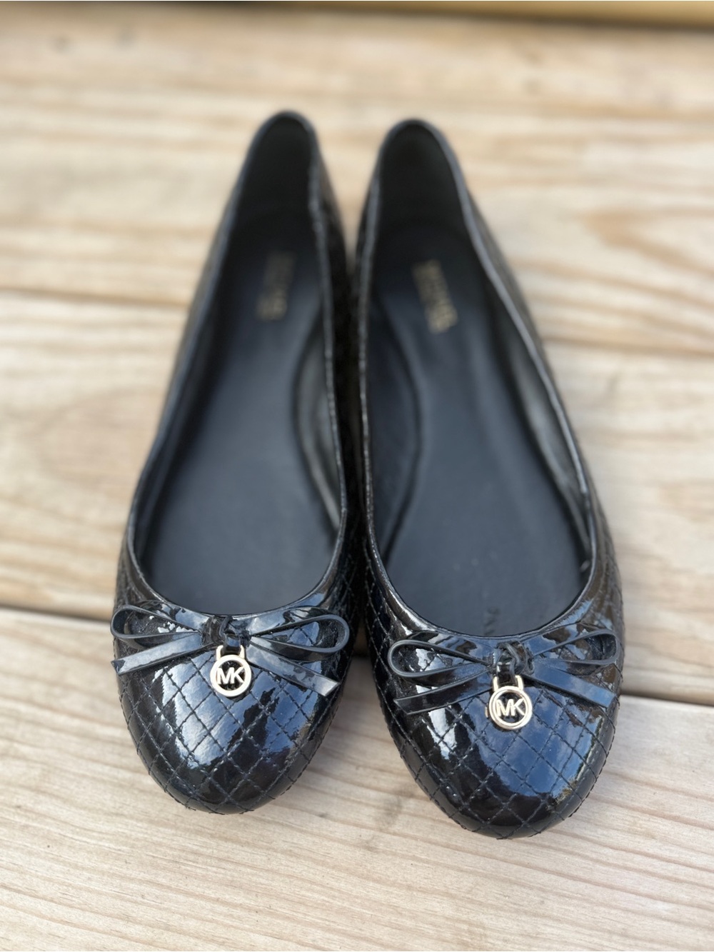 Michael Kors Black Quilted Patent Ballet Flats with MK Charm